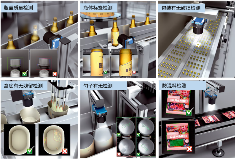 瓶蓋質(zhì)量檢測，瓶體標(biāo)簽檢測，包裝有無破損檢測，盒底有無殘留檢測，勺子有無檢測，防混料檢測.png